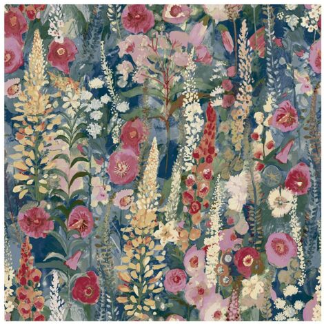 Watercolour Floral Wallpaper Lupin Navy Pink Red Yellow Flower Home Decor