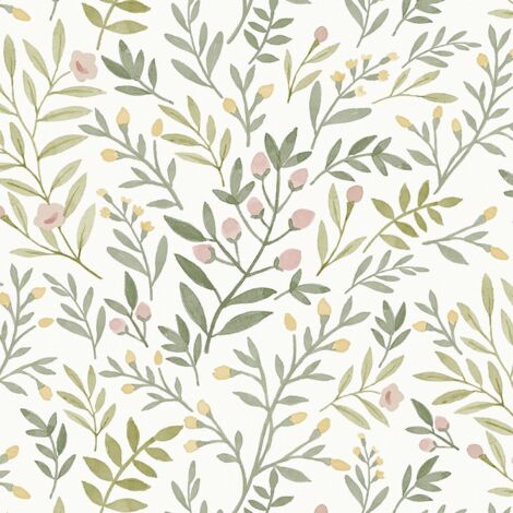 Grandeco Inia Leafy Trail Sage Pink Scrubbable Paste The Wall Wallpaper Vinyl (1/4)