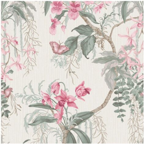 Suki Trail Vinyl Orchid Wallpaper Pink and Sage Paste the Paper 10.05m x 53cm