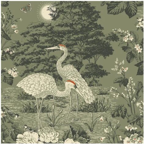 Izumi Oriental Cranes Wallpaper Paste the Paper Half Drop Match 10m x 52cm Green (1/4)