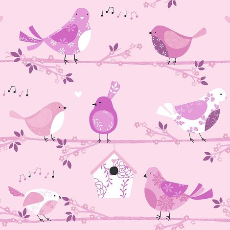 Children's Birds Floral Wallpaper Pink Musical Notes Girls Paste Wall Galerie