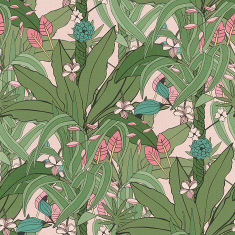 Blossom Botanical Wallpaper Pink Green Natural Leaves Rasch Paste The Wall