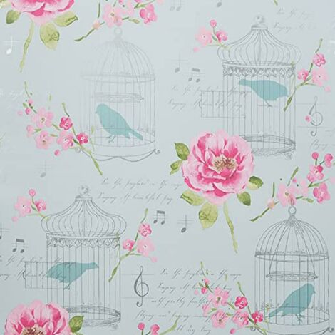 Alice Floral Wallpaper Pink Blush Teal Duck Egg Flowers Roses Birds Vintage