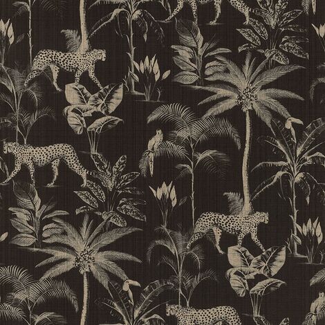 Savannah Black Gold Wallpaper Textured Shimmer Cheetah Palm Tree Jungle Tropical