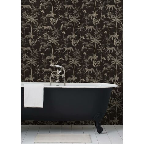 Savannah Black Gold Wallpaper Textured Shimmer Cheetah Palm Tree Jungle Tropical