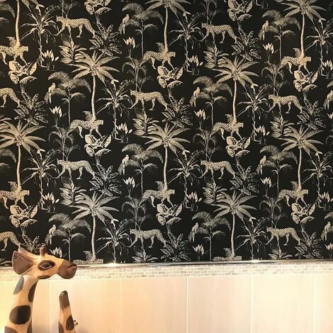 Savannah Black Gold Wallpaper Textured Shimmer Cheetah Palm Tree Jungle Tropical