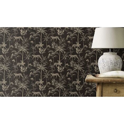 Savannah Black Gold Wallpaper Textured Shimmer Cheetah Palm Tree Jungle Tropical