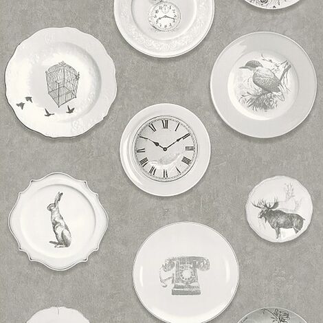 Dinner Plate Rasch Wallpaper Grey Birds Clocks Traditional Vinyl Kitchen