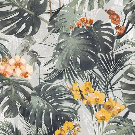 Myriad Palm Wallpaper Grandeco Floral White Yellow Green Textured Tropical