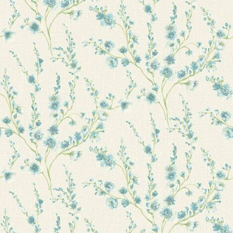 Flore Bloosom Duck Egg Wallpaper Textured Floral Botanic Cream Vinyl