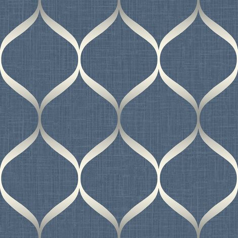 Pear Tree Trellis Geometric Wallpaper Metallic Vinyl Blue Silver