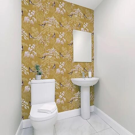 Arthouse Japanese Garden Wallpaper Ochre Yellow Lilac Birds Blossom Tree