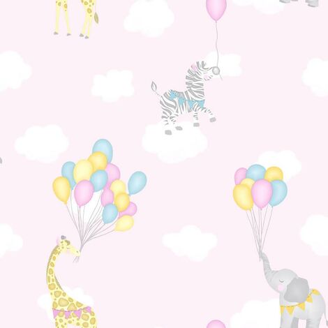 Animal Balloons Wallpaper Holden Kids Pink Giraffe Elephant Animals Clouds