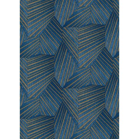 Erismann Elle Decor Blue Gold Striped Geometric Metallic Wallpaper