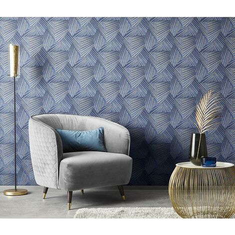 Erismann Elle Decor Blue Gold Striped Geometric Metallic Wallpaper