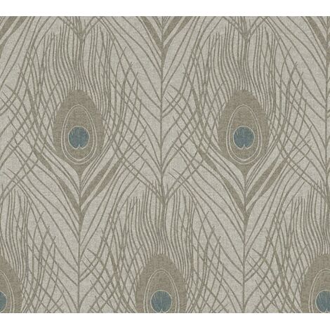 Luxury Peacock Wallpaper Bird Feather Beige Taupe Blue AS Creation (1/4)