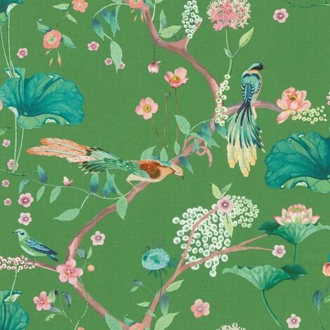 Oriental Wallpaper Chinese Garden Textured Heavy Duty Vinyl Feature Wall Green