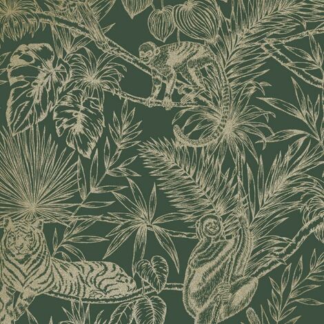 Sumatran Jungle Themed Wallpaper Glittery Finish Textured Wallcovering Green