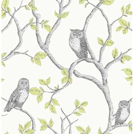 Woodland Owls Tree Wallpaper Fine Decor Green White Metallic Tree Birds