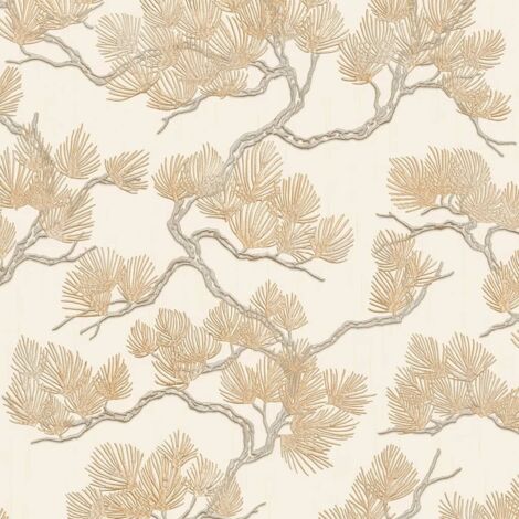 Cream Gold Pine Tree Wallpaper Textured Embossed Metallic Paste The Wall Vinyl