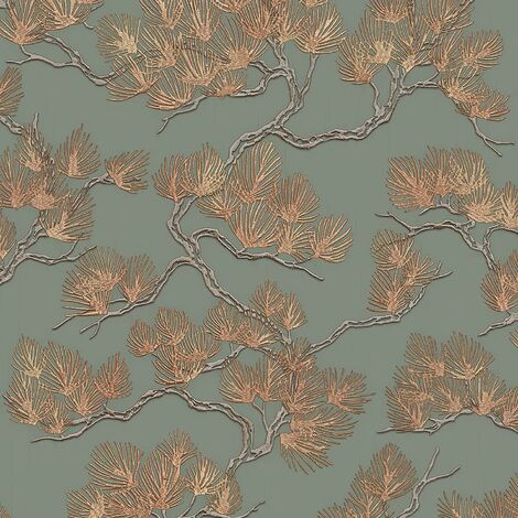 Sage Copper Pine Tree Wallpaper Textured Embossed Metallic Paste The Wall Vinyl