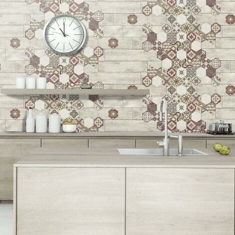 Muriva Tiles and Wood Heavy Duty Vinyl Wallpaper Lightly Textured ...