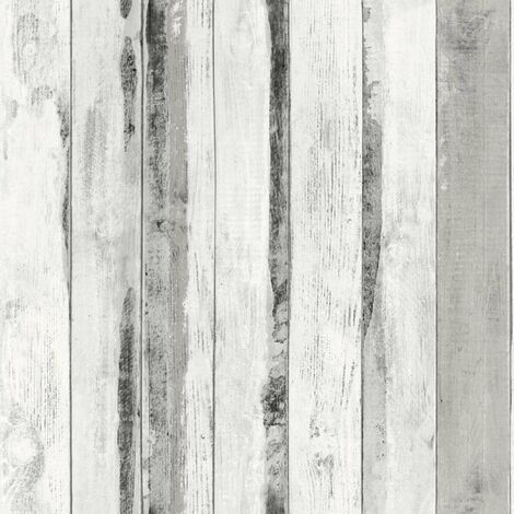 Muriva White distressed White wood panel wallpaper