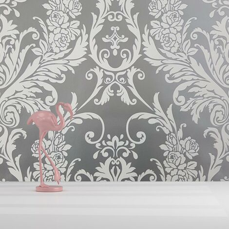 Debona Damask Medina Flock Effect Silver White Luxury Feature Wall Wallpaper by DEBONA