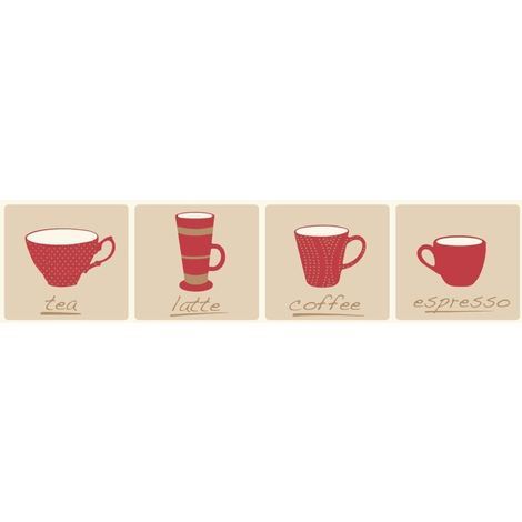 Discontinued Fine Decor Cream Red Coffee Tea Mug Cup Wallpaper Border Self Adhesive