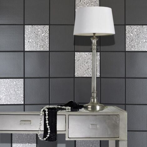 DISCONTINUED Black Grey Glitter Tile Effect Wallpaper Granite Silver Tile on a Roll Wallpaper