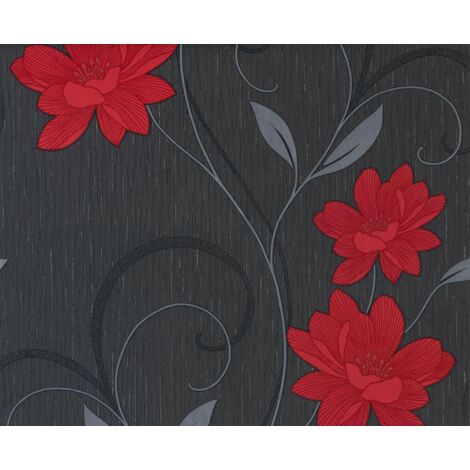 Flower Wallpaper Floral Textured Glitter Effect Metallic Silver Black Grey Red