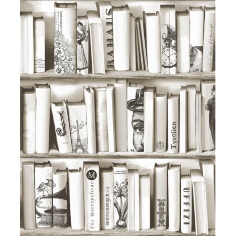 Cream Beige Bookcase Wallpaper Library French Vintage Encyclopedia Retro Muriva (1/3)