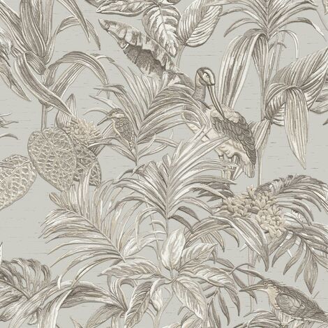 Grey Beige Tropical Wallpaper Birds Palm Textured Paste the Wall Vinyl
