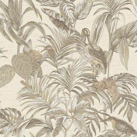 Cream Beige Tropical Wallpaper Birds Palm Textured Paste the Wall Vinyl