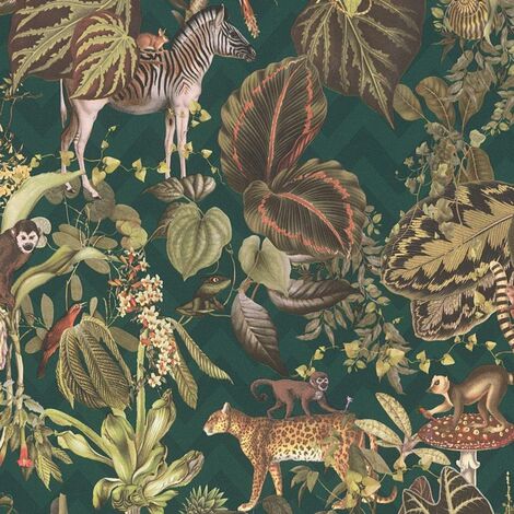 Green Jungle Wallpaper Textured Animal Tropical Vinyl