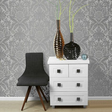 Damask Wallpaper Luxury Silver Grey Metallic Shiny Floral Leaf Crown