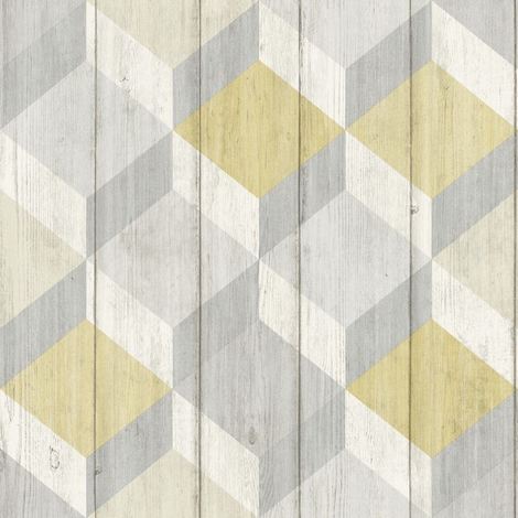 3D Cube Wood Effect Geometric Wallpaper Wooden Panel Plank Copenhagen Yellow