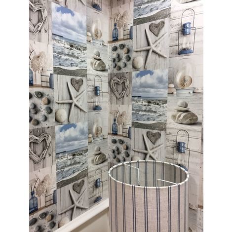Beach Wallpaper Nautical Bathroom Pebbles Love Hearts Blue Grey Rustic  Maritime