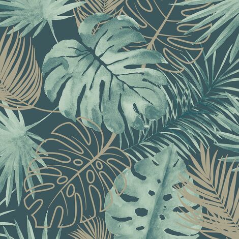 Laguna Tropical Wallpaper Debona Green Gold Glitter Palm Leaf Jungle (1/4)