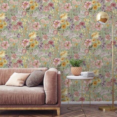 Wildflower Sage Floral Wallpaper Grandeco Pink Green Yellow Natural Flower