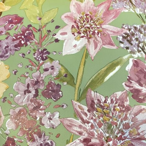Wildflower Sage Floral Wallpaper Grandeco Pink Green Yellow Natural Flower