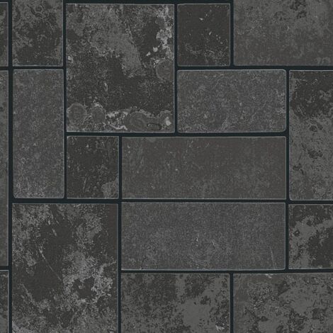 Black Glitter Brick Slate Stone Wallpaper Tile Kitchen & Bathroom Textured Vinyl