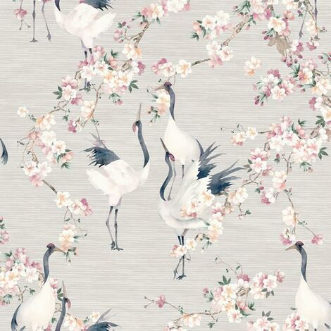Arthouse Blossom Crane Natural Pink Wallpaper Floral Bird Flowers Grasscloth
