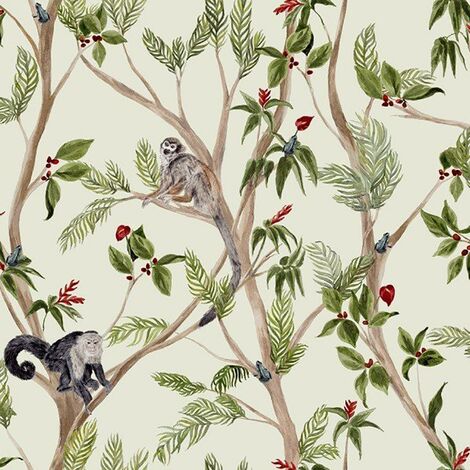 Tropical monkey multicoloured wallpaper – Frogs and floral tree design – Spongeable, strippable, good light fastness – Paste the paper application – Arthouse (1/4)