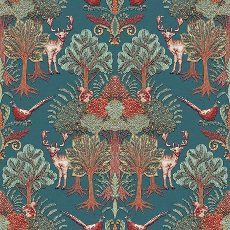 Teal Nordic Deer Wallpaper Floral Textured Paste The Wall Vinyl Stag Red Green (1/4)