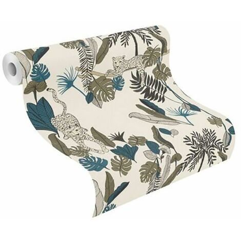 Rasch Club Botanique Leopard Wallpaper White Blue Leaves Paste The Wall ...