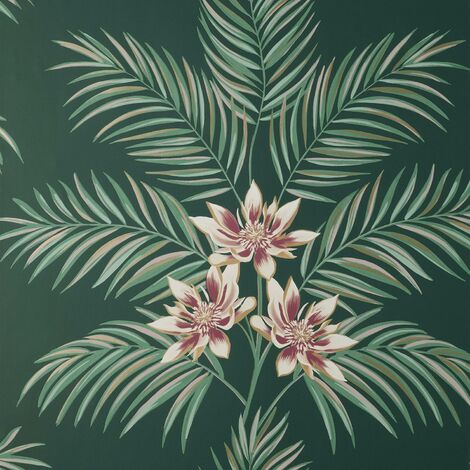 Fine Decor Bali Floral Leaves Dark Green Wallpaper Botanical Flowers Modern (1/4)
