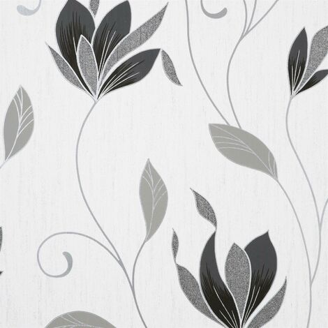 Crown Synergy Floral Black White Textured Luxury Vinyl Wallpaper Glitter Modern (1/4)
