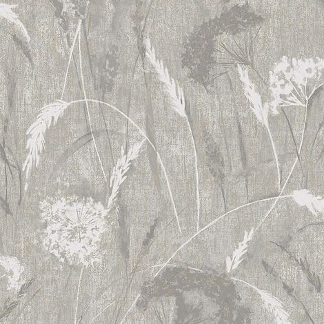 Holden Decor Pappus Light Grey Flower Metallic Gold Textured Vinyl Wallpaper (1/4)