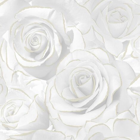 Muriva Madison Glitter White Wallpaper Floral Rose Flower Textured Modern Gold